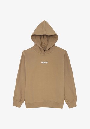 Felpa con cappuccio color marrone chiaro, realizzata in tessuto morbido. Presenta una tasca a marsupio frontale e il testo bianco "Disclaimer" sul petto.