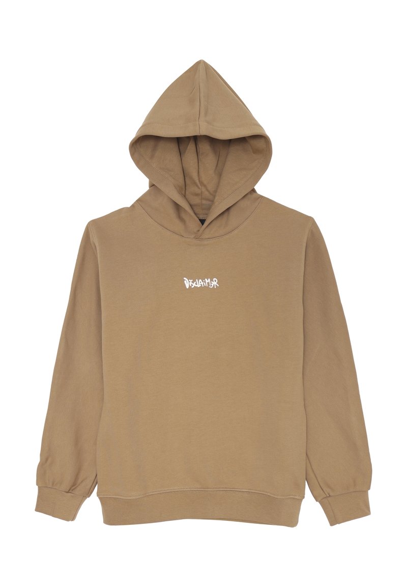 Felpa con cappuccio color marrone chiaro, realizzata in tessuto morbido. Presenta una tasca a marsupio frontale e il testo bianco "Disclaimer" sul petto.