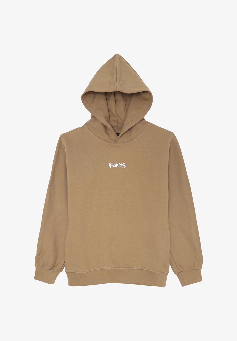 Felpa con cappuccio color marrone chiaro, realizzata in tessuto morbido. Presenta una tasca a marsupio frontale e il testo bianco "Disclaimer" sul petto.
