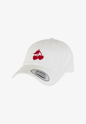White cotton baseball cap featuring red embroidered cherry design on the front. Adjustable strap at the back with a circular label.