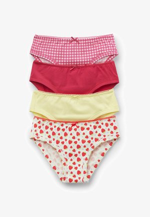 Paquete de cuatro pares de ropa interior para mujeres: uno de cuadros rosa, uno rojo liso, uno amarillo liso y uno blanco con patrones de fresas rojas.