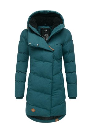 Teal puffjacka med dragkedja fram, justerbar huva och sidofickor. Har en texturerad yta och en något förlängd bakre fåll.