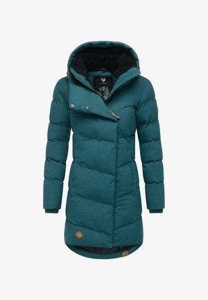 Teal puffjacka med dragkedja fram, justerbar huva och sidofickor. Har en texturerad yta och en något förlängd bakre fåll.