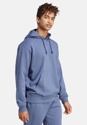Blauwe katoenen hoodie van een katoenmix met een kangoeroezak, trekkoordcapuchon, ribgebreide mouwen en onderrand, met een logo op de borst.