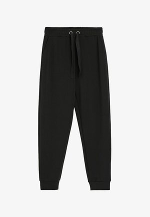 Czarne dresy z miękkiego materiału, z elastycznym paskiem w talii ze sznurkiem, kieszeniami bocznymi i ściągaczami na nogawkach.