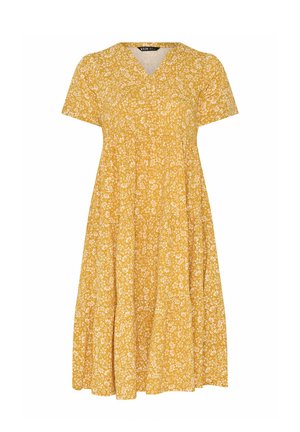 Geel midi-jurk met korte mouwen, witte bloemenprint, V-hals en geplooide rok.