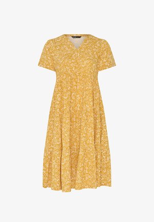 Geel midi-jurk met korte mouwen, witte bloemenprint, V-hals en geplooide rok.
