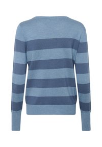 Blauwe gestreepte sweater met horizontale strepen in verschillende tinten blauw. Gemaakt van een zachte stof met een ronde hals en lange mouwen.