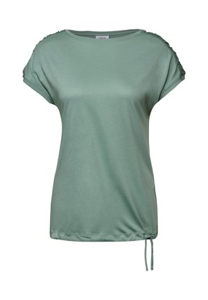 Groene korte mouw t-shirt gemaakt van zacht materiaal. Heeft gerimpelde accenten op de schouders en een koorddetail aan de zoom voor een verstelbare pasvorm.