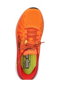 Helle orange Sneaker mit Obermaterial aus Mesh, farblich abgestimmten Schnürsenkeln und gepolsterter Sohle. Verfügt über Branding und eine gelbe Einlegesohle mit der Aufschrift "Slip-in."