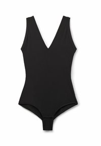 Zwarte geribbelde eenpiece swimsuit, met een diepe V-hals, brede schouderbanden en een lage rug met een drukknoopsluiting aan de onderkant.