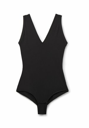 Zwarte geribbelde eenpiece swimsuit, met een diepe V-hals, brede schouderbanden en een lage rug met een drukknoopsluiting aan de onderkant.