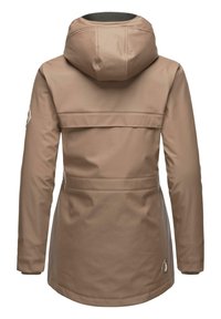 Water-resistant beige jacket with a hood, long sleeves, and a cinched waist. Features a waterproof logo at the hem and smooth texture.