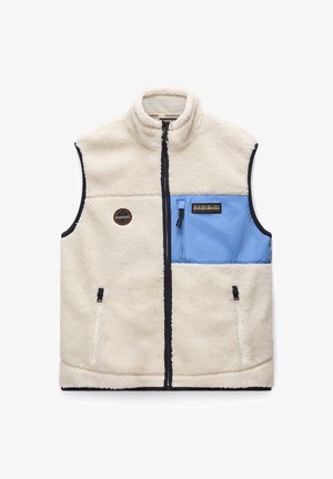 Fleece vest i creme med en blå brystlomme. Har høj krave, lynlås lukning og mærkede lapper foran.