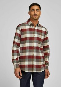 Katoenen flanellen shirt met een rood, wit en grijs ruitpatroon, lange mouwen, knoopsluiting aan de voorkant en een gebogen zoom.