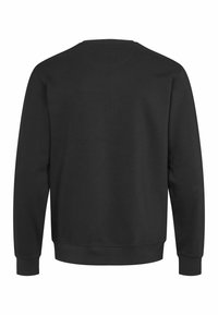 Sweat-shirt noir à manches longues et col ras-du-cou vu de dos, avec poignets et ourlet côtelés sur fond blanc.