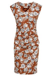 Robe marron ajustée avec motif floral en blanc et bleu, manches courtes, encolure ronde et détails froncés à la taille.