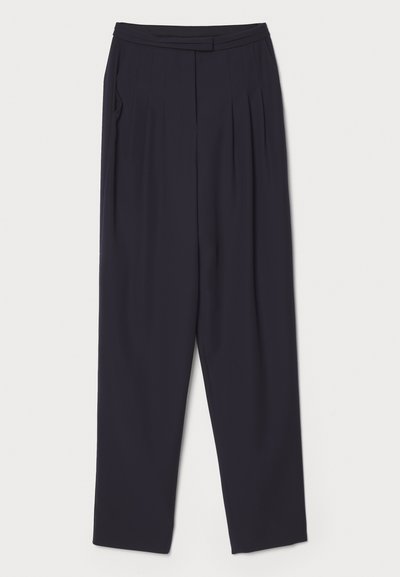 Dark navy trousers made of soft fabric, featuring pleats and a straight-leg design with a standard waistband and side pockets.