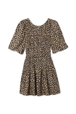 Jurk met luipaardprint, voorzien van een aansluitende bodice en losse, korte mouwen. Gemaakt van een lichtgewicht stof, met een gerimpelde taille en een uitlopende rok.