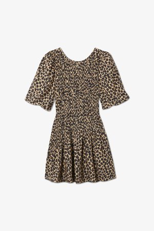 Robe à imprimé léopard avec un buste ajusté et des manches courtes amples. Fabriquée en tissu léger, présentant une taille smockée et une jupe évasée.