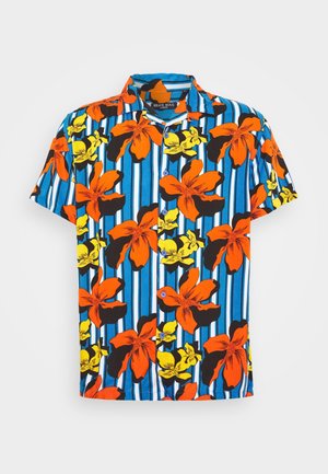Short-sleeve button-up shirt with blue and white vertical stripes and large orange and yellow floral print.