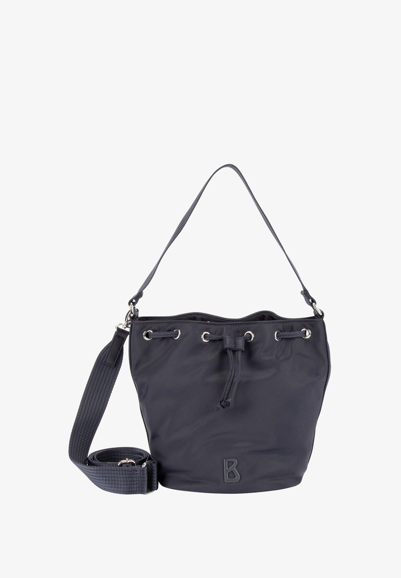 Sac à main noir de style seau avec fermeture à cordon en haut, courte bandoulière et bandoulière large en tissu amovible pour porter en travers du corps.