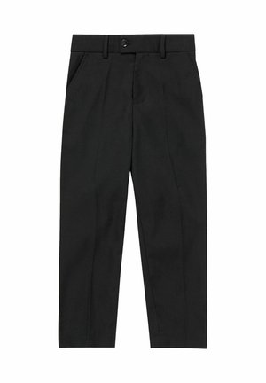Schwarze, maßgeschneiderte Hose mit Gürtelschlaufen, Knopfverschluss, Seitentaschen und geraden Beinen, auf weißem Hintergrund dargestellt.