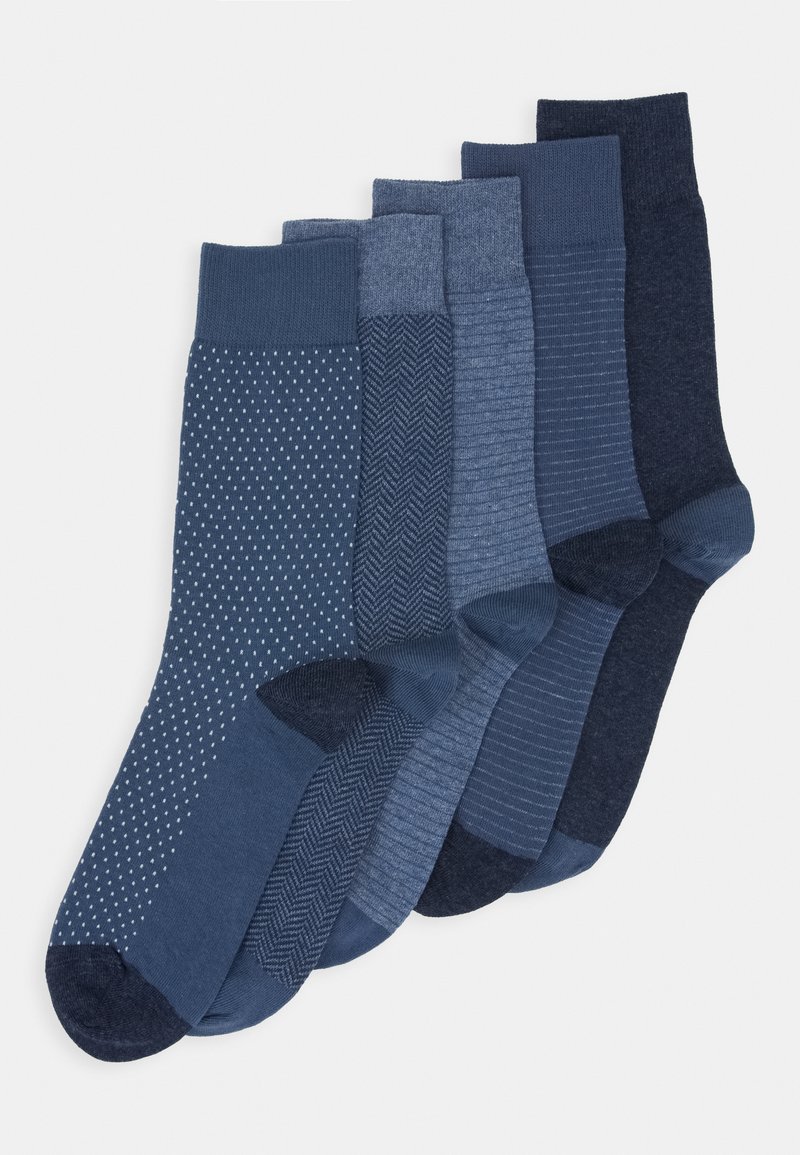 Set of five blue socks featuring various designs: polka dots, herringbone, stripes, and solid textures. Blended fabric with ribbed cuffs.
