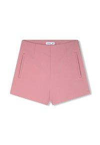 Pantaloni rosa tagliati con una texture liscia, dotati di due tasche laterali e una vita aderente, progettati per una silhouette snella.