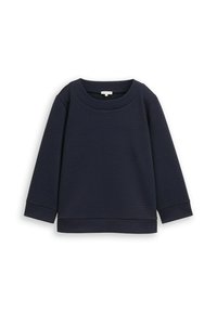 Marineblauwe sweatshirt met een gestructureerd ruitpatroon, ronde halslijn en lange mouwen. Heeft ribgebreide manchetten en zoom. Zacht materiaal.