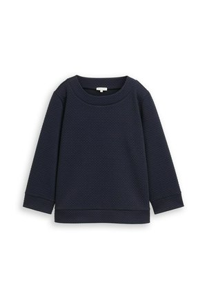 Marineblauwe sweatshirt met een gestructureerd ruitpatroon, ronde halslijn en lange mouwen. Heeft ribgebreide manchetten en zoom. Zacht materiaal.