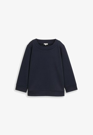 Navy blue sweatshirt with a textured diamond pattern, round neckline, and long sleeves. Features ribbed cuffs and hem. Soft fabric.