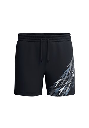 Zwarte zwembroek met elastische tailleband en trekkoord, met een grijs-wit abstract bliksemschichtpatroon op het rechterbeen.