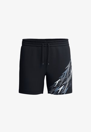 Zwarte zwembroek met elastische tailleband en trekkoord, met een grijs-wit abstract bliksemschichtpatroon op het rechterbeen.