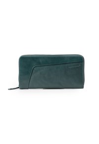 Teal leather wallet with zip closure, featuring a curved accent panel and flat zip pull. Smooth texture with subtle stitching detail.