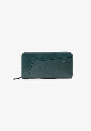 Teal leather wallet with zip closure, featuring a curved accent panel and flat zip pull. Smooth texture with subtle stitching detail.