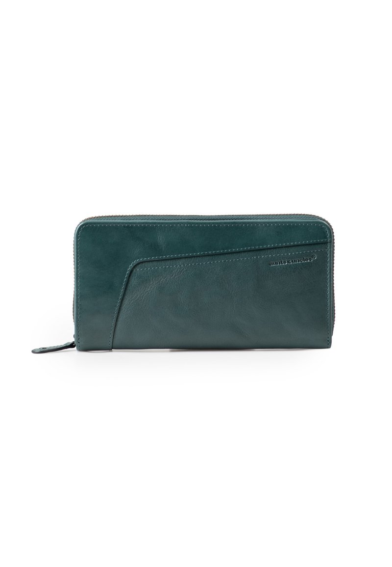 Teal leather wallet with zip closure, featuring a curved accent panel and flat zip pull. Smooth texture with subtle stitching detail.