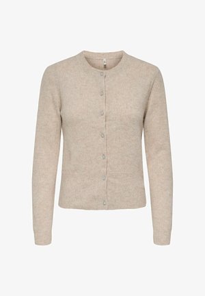 Beige cardigan gemaakt van zacht breimateriaal, met een ronde halslijn, lange mouwen en decoratieve knopen langs de voorflap.
