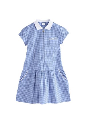 Lapsi, jolla on sinivalkoruudullinen mekko, käsi taskussa, valkoiset sukat ja mustat Mary Jane -kengät, seisoo vaalealla lattialla.