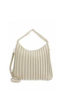 Sac à main beige plissé en cuir souple avec une anse supérieure courbée et une bandoulière amovible ; comprend des accents métalliques dorés.