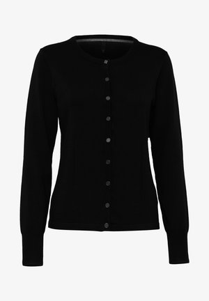 Black cardigan featuring long sleeves, a round neckline, and front button closure. Smooth fabric with a ribbed texture at cuffs and hem.