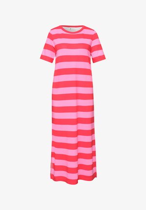 Langes Kleid mit kurzen Ärmeln, breiten horizontalen pinken und roten Streifen, Rundhalsausschnitt und seitlichen Schlitzen am Saum.
