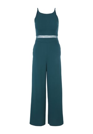 Combinaison turquois comportant un corsage ajusté, des bretelles fines et réglables, ainsi que des pantalons larges et fluides. Inclut un insert transparent à la taille pour le contraste.