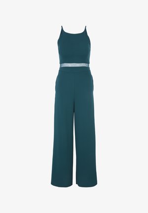 Blågrøn jumpsuit med en tætsiddende overdel, tynde justerbare stropper og brede, luftige bukser. Indeholder et gennemsigtigt indlæg i taljen for kontrast.