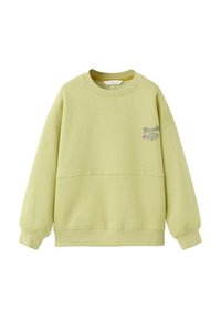 Vaaleanvihreä collegepaita, jossa on resorikaulus, rento malli ja joustavat hihansuut; koristeltu harmaalla "Discover New Heights" -grafiikalla.