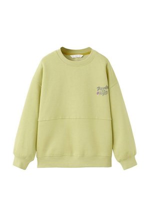 Sweat-shirt vert clair avec un col rond côtelé, une coupe décontractée et des poignets élastiques ; présente un motif avec l'inscription « Découvrir de nouveaux sommets » en gris.