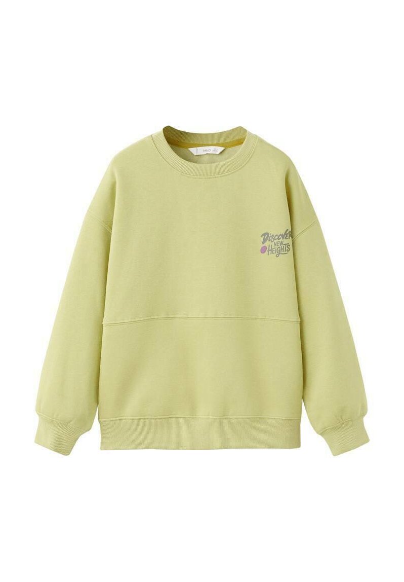 Vaaleanvihreä collegepaita, jossa on resorikaulus, rento malli ja joustavat hihansuut; koristeltu harmaalla "Discover New Heights" -grafiikalla.