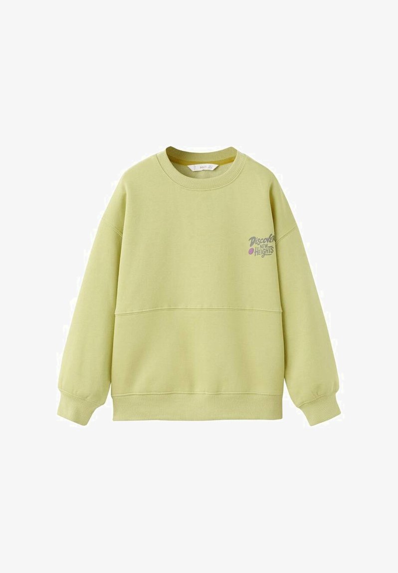 Light green sweatshirt with a ribbed crew neck, relaxed fit, and elastic cuffs; features a graphic with "Discover New Heights" in gray.