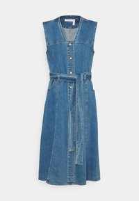 Denim-mekko ilman hihoja, napit edessä, vyötäröllä vyö ja sivutaskut. Ominaisuuksiin kuuluu klassinen vaaleansininen pesu ja polvipituinen leikkaus.