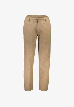 Beige linnebyxor med avslappnad passform, dragsko i midjan och raka ben. Mjuk textur utan synliga mönster eller detaljer i metall.